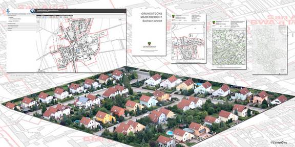 Produkte der Grundstückswertermittlung über einem Wohngebiet © LVermGeo Produkte der Grundstückswertermittlung über einem Wohngebiet