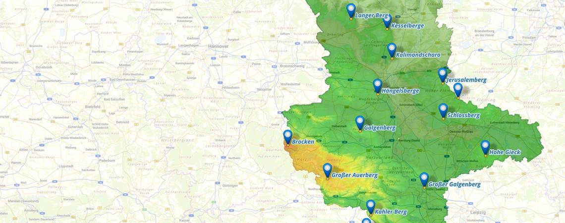Entdecken Sie die 14 höchsten Erhebungen der Landkreise und kreisfreien Städte in Sachsen-Anhalt.