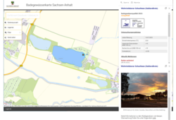 Abb. 2: Geoanwendung; Anzeige ausgewähltes Badegewässer mit Infofenster (https://www.geodatenportal.sachsen-anhalt.de/mapapps/resources/apps/badegewaesserkarte/index.html?lang=de&stateId=f79d61e0-3ca4-4e03-9d61-e03ca46e0327, 02.08.2023)