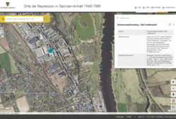 Abb. 2: Kartenausschnitt Betrieb mit Protest (https://www.geodatenportal.sachsen-anhalt.de/mapapps/resources/apps/ortederrepression/index.html?lang=de&vm=2D&s=9960.56734936261&r=0&c=683010.2015742253%2C5773586.35278193&bm=orthophotos&l=%7Eungeziefer1952%28%7E13%7Bt%3A20%7D%29%2C-wichtigeprotestorte%2C-doerfer_staedte%2C-todesopfer&graphics=%5Bobject+Object%5D, 03.08.2023)