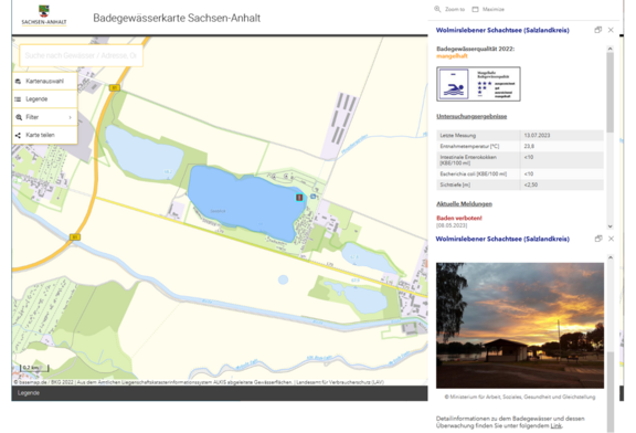 Abb. 2: Geoanwendung; Anzeige ausgewähltes Badegewässer mit Infofenster (https://www.geodatenportal.sachsen-anhalt.de/mapapps/resources/apps/badegewaesserkarte/index.html?lang=de&stateId=f79d61e0-3ca4-4e03-9d61-e03ca46e0327, 02.08.2023)