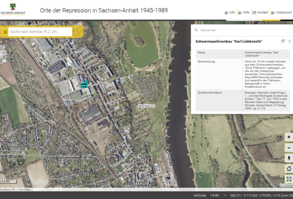 Abb. 2: Kartenausschnitt Betrieb mit Protest (https://www.geodatenportal.sachsen-anhalt.de/mapapps/resources/apps/ortederrepression/index.html?lang=de&vm=2D&s=9960.56734936261&r=0&c=683010.2015742253%2C5773586.35278193&bm=orthophotos&l=%7Eungeziefer1952%28%7E13%7Bt%3A20%7D%29%2C-wichtigeprotestorte%2C-doerfer_staedte%2C-todesopfer&graphics=%5Bobject+Object%5D, 03.08.2023)