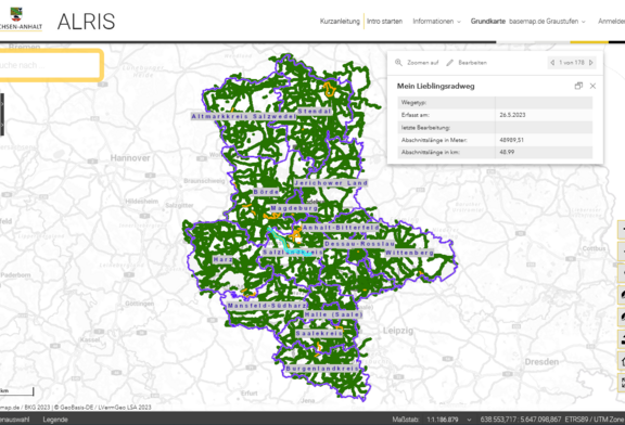 Abb. 1: Geoanwendung „ALRIS - Amtliche Landes-Radverkehrsinfrastruktur-Informationssystems“ (https://www.geodatenportal.sachsen-anhalt.de/mapapps/resources/apps/alris/index.html?lang=de, 18.07.2023)