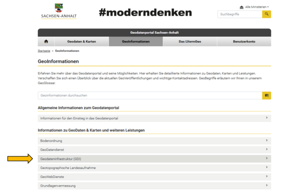 Abb 1:  GDI-LSA im Geodatenportal Sachsen-Anhalt (https://geodatenportal.sachsen-anhalt.de/gfds/de/gdp-geoinformationen.html, 13.07.2023)