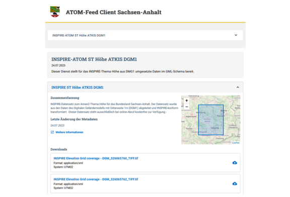 Abb. 1: Atom Feed Client im MetaVer, Bsp. INSPIRE-ATOM ST Höhe ATKIS DGM1 (https://metaver.de/search/dls/?partner=st&serviceId=CCD3FA26-8C66-4712-9E4B-4760A9C5B9E8&datasetId=E23BB313-2596-46BC-8D63-B140AE21A119, 01.08.2023)