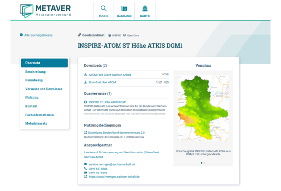 Abb. 2: Atom Feed Client im MetaVer, Bsp. INSPIRE-ATOM ST Höhe ATKIS DGM1, weitere Informationen (https://metaver.de/trefferanzeige?docuuid=CCD3FA26-8C66-4712-9E4B-4760A9C5B9E8, 01.08.2023)