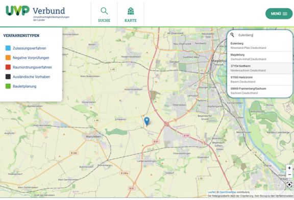 Abb. 8: UVP-Portal der Länder - Nominatim-Suchdienst im Kartenclient (https://www.uvp-verbund.de/kartendienste, 11.08.2023)