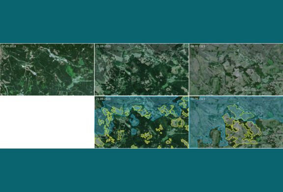 Abb. 1: Veranschaulichung einer Zeitreihe am Beispiel von Waldflächen bei Schierke (Harz), © Europäische  Union, enthält modifizierte Copernicus Sentinel-2 Daten [2018, 2020, 2023], verarbeitet durch das LVermGeo