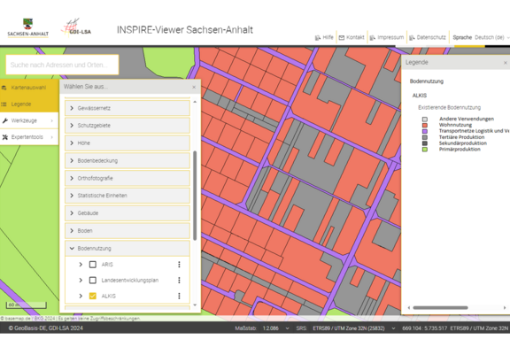 Abb. 6: INSPIRE-Viewer Sachsen-Anhalt, ALKIS, https://www.geodatenportal.sachsen-anhalt.de/mapapps/resources/apps/inspireviewer4/index.html?lang=de, 26.01.2024)