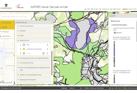 Abb. 7: INSPIRE-Viewer Sachsen-Anhalt, Landesentwicklungsplan, https://www.geodatenportal.sachsen-anhalt.de/mapapps/resources/apps/inspireviewer4/index.html?lang=de, 22.01.2024)