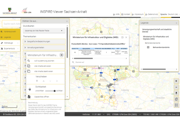 Abb. 8: INSPIRE-Viewer Sachsen-Anhalt, Behördenstandorte im Bereich des MID, https://www.geodatenportal.sachsen-anhalt.de/mapapps/resources/apps/inspireviewer4/index.html?lang=de, 22.01.2024)