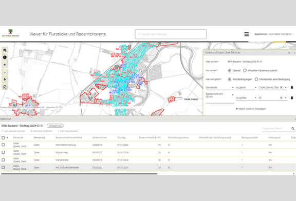 Abb. 2: Suche und Auswertung von Bodenrichtwerten über Attributfilter oder räumliche Auswahl (https://www.geodatenportal.sachsen-anhalt.de/mapapps/resources/apps/GeobasisViewer/index.html, 01.09.2025))