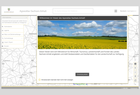 Abb. 1: Startseite Agraratlas Sachsen-Anhalt (https://www.geodatenportal.sachsen-anhalt.de/mapapps/resources/apps/agraratlas/index.html?lang=de, 10.02.2026)