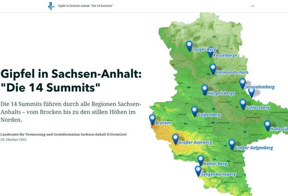 Gipfel in Sachsen-Anhalt © LVermGeo ST Übersichtkarte Sachsen-Anhalt mit den 14 Gipfeln