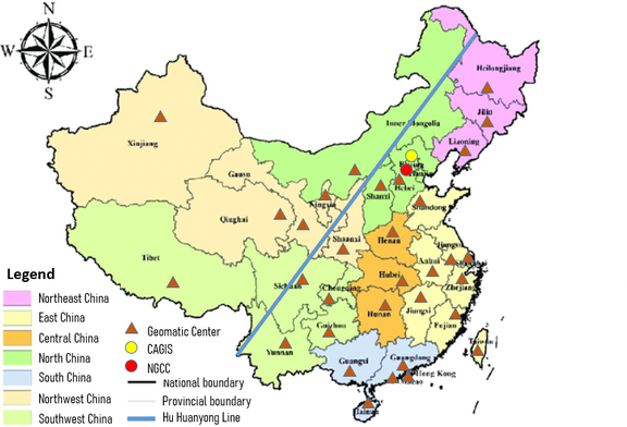 Abb. 1: Lage der Geomatic Center, NGCC und CAGIS auf regionaler und Provinzebene (https://www.researchgate.net/figure/Locations-of-provinces-and-regions-in-China_fig1_353504755, 14.02.2023)