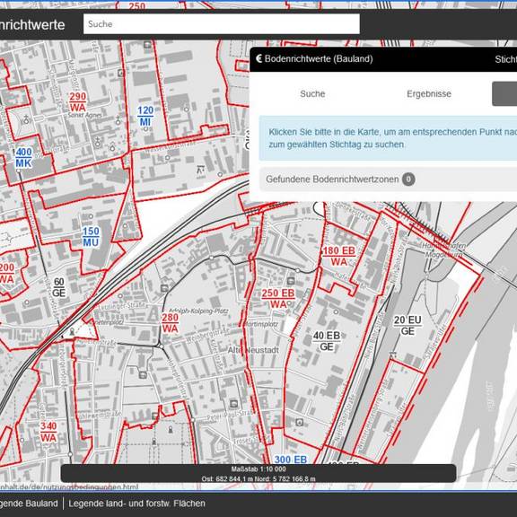 Bildschirmausschnitt vom Geodatendienst Bodenrichtwerte © LVermGeo Bildschirmausschnitt vom Geodatendienst Bodenrichtwerte